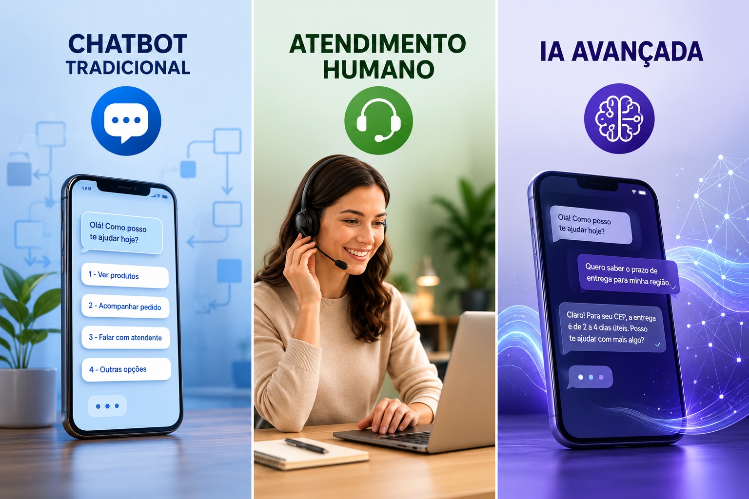 Обслуживание через WhatsApp: сравнение между традиционными чат-ботами, человеком и передовым ИИ